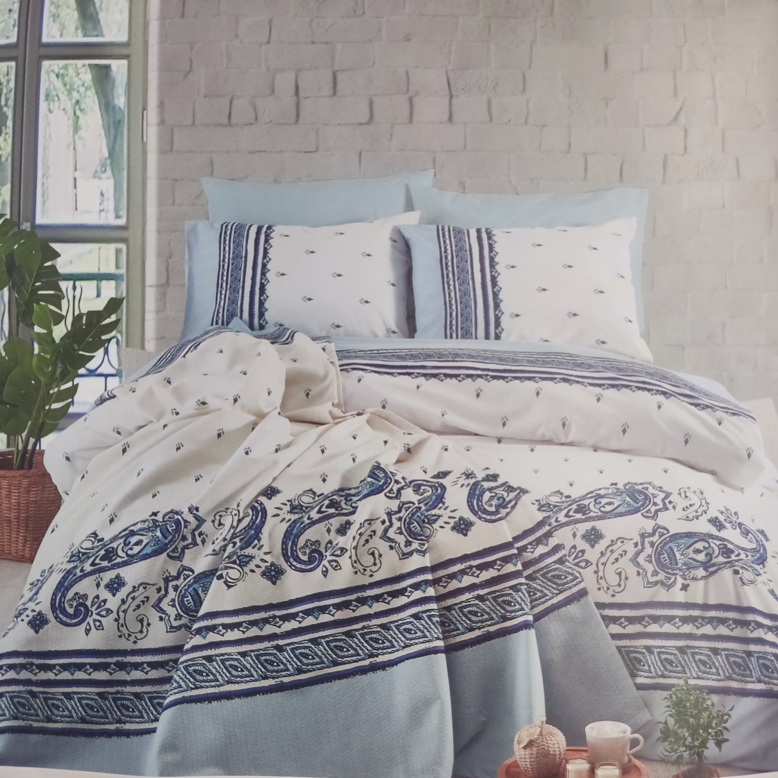 Cotton Life Ranforce Paisley Mavi Tek Kişilik Pike Takımı